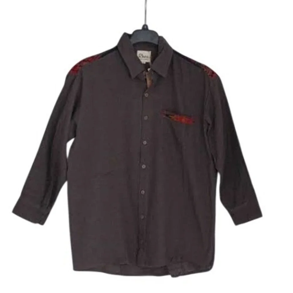 Rhea‎ Mens XL Brown 100% Cotton Boho Southwestern Embroidered Button Down Shirt